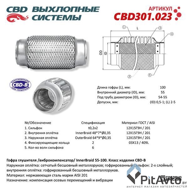 Гофра глушителя Innerbraid 55-100 (КЛАСС CBD-B) AISI 201