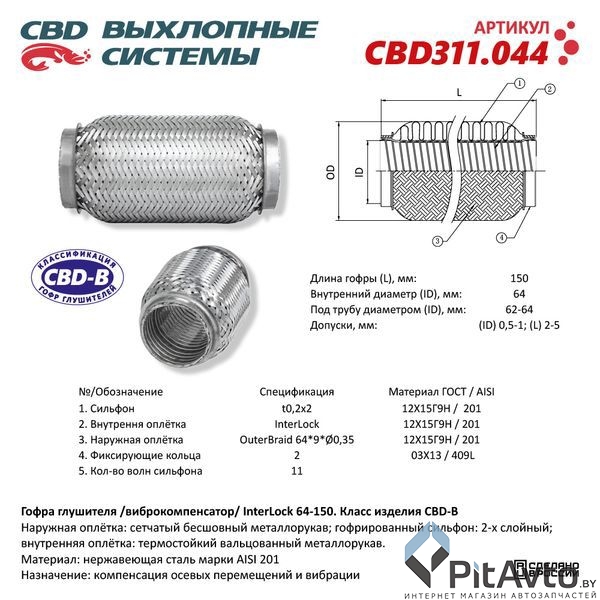 Гофра глушителя InterLock 64-150 (КЛАСС CBD-B) AISI 201