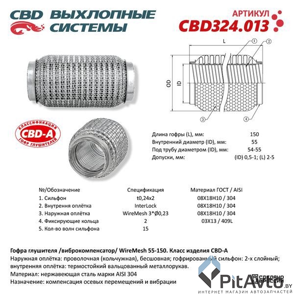 Гофра глушителя WireMesh 55-150 (КЛАСС CBD-A) AISI 304