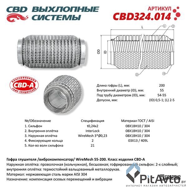 Гофра глушителя WireMesh 55-200 (КЛАСС CBD-A) AISI 304