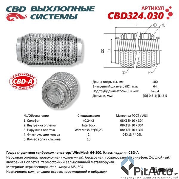 Гофра глушителя WireMesh 64-100 (КЛАСС CBD-A) AISI 304