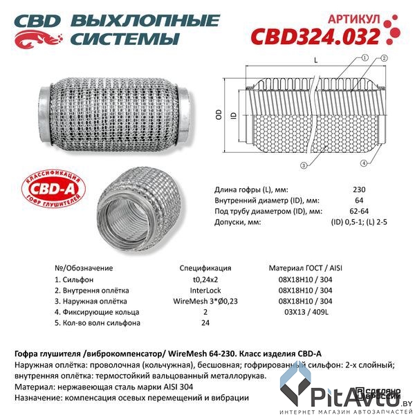 Гофра глушителя WireMesh 64-230 (КЛАСС CBD-A) AISI 304