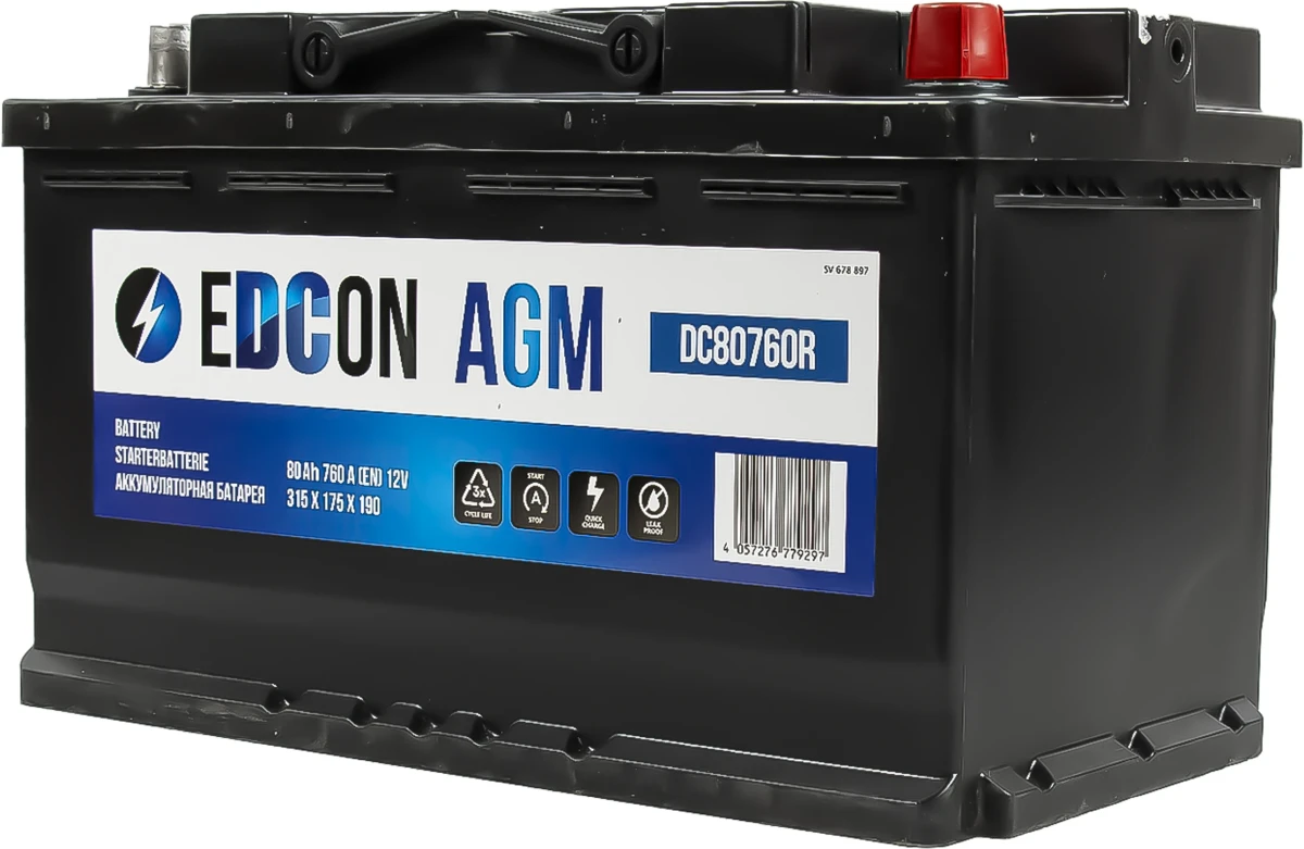 Аккумулятор EDCON AGM 80Ah 760A R+ / DC80760R