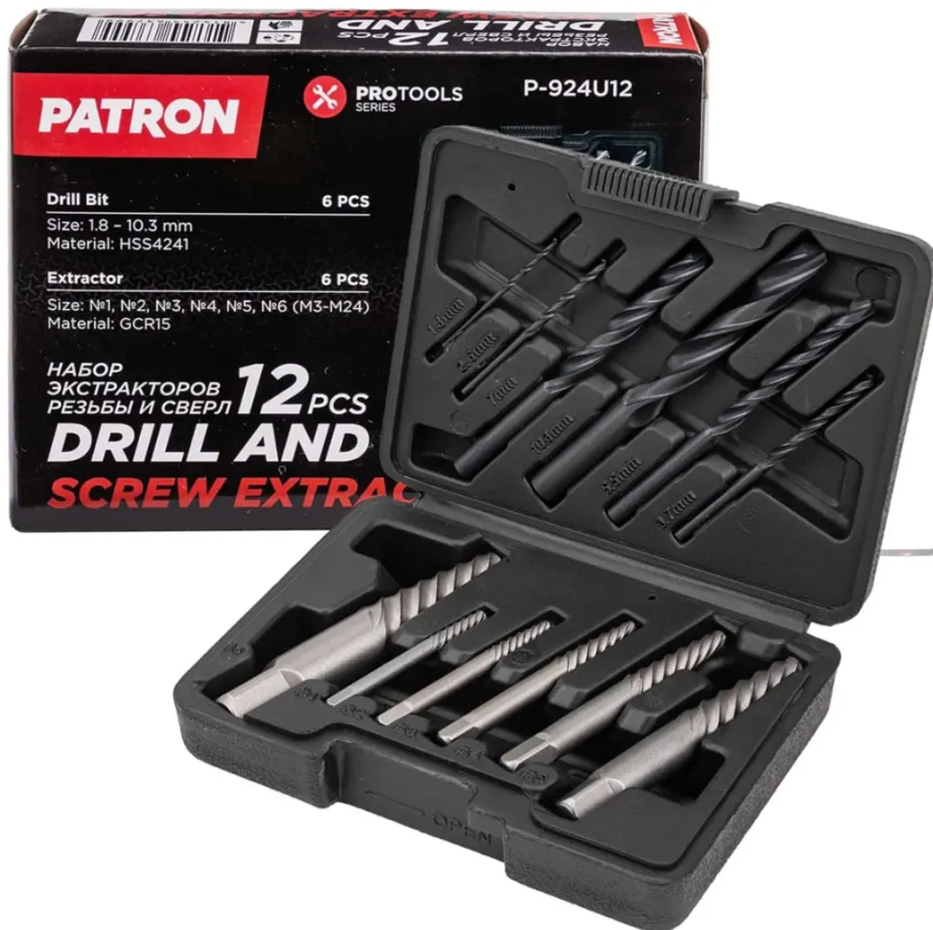 Набор экстракторов резьбы и сверл PATRON 12пр
