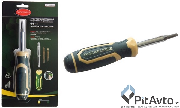 ROCK FORCE RF-303843 Отвертка универсальная переставная с комплектом бит, L-200 мм, PH1, PH2, SL4.5, SL5.5, в блистере