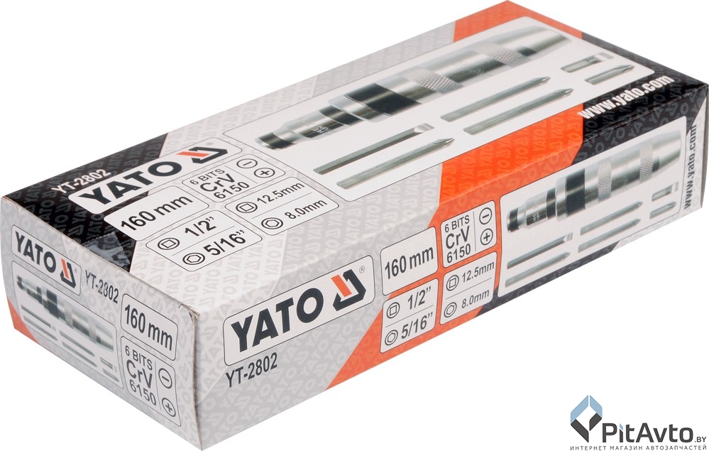 YATO YT-2802 Отвертка цельномет. ударная + 6 бит: 35 мм - SL8, SL8, PH2, PH3, 75 мм - SL8, PH3 в пласт. боксе