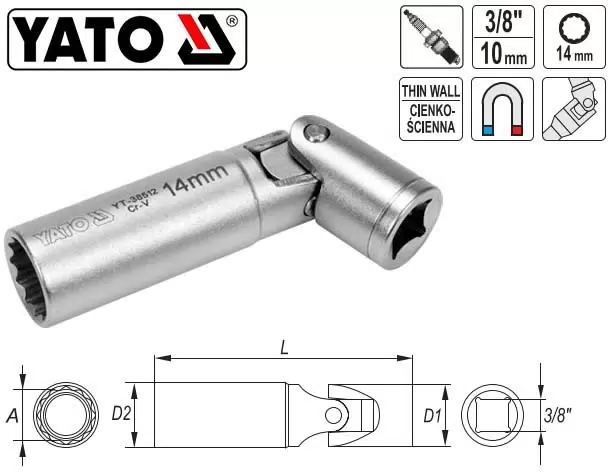 Головка свечная двенадцатигранная магнитная с шарниром YATO 3/8